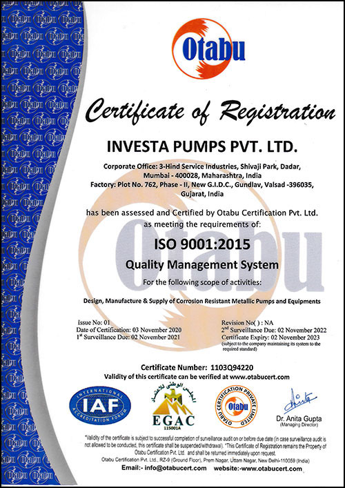 ISO Certification - Investa Pumps