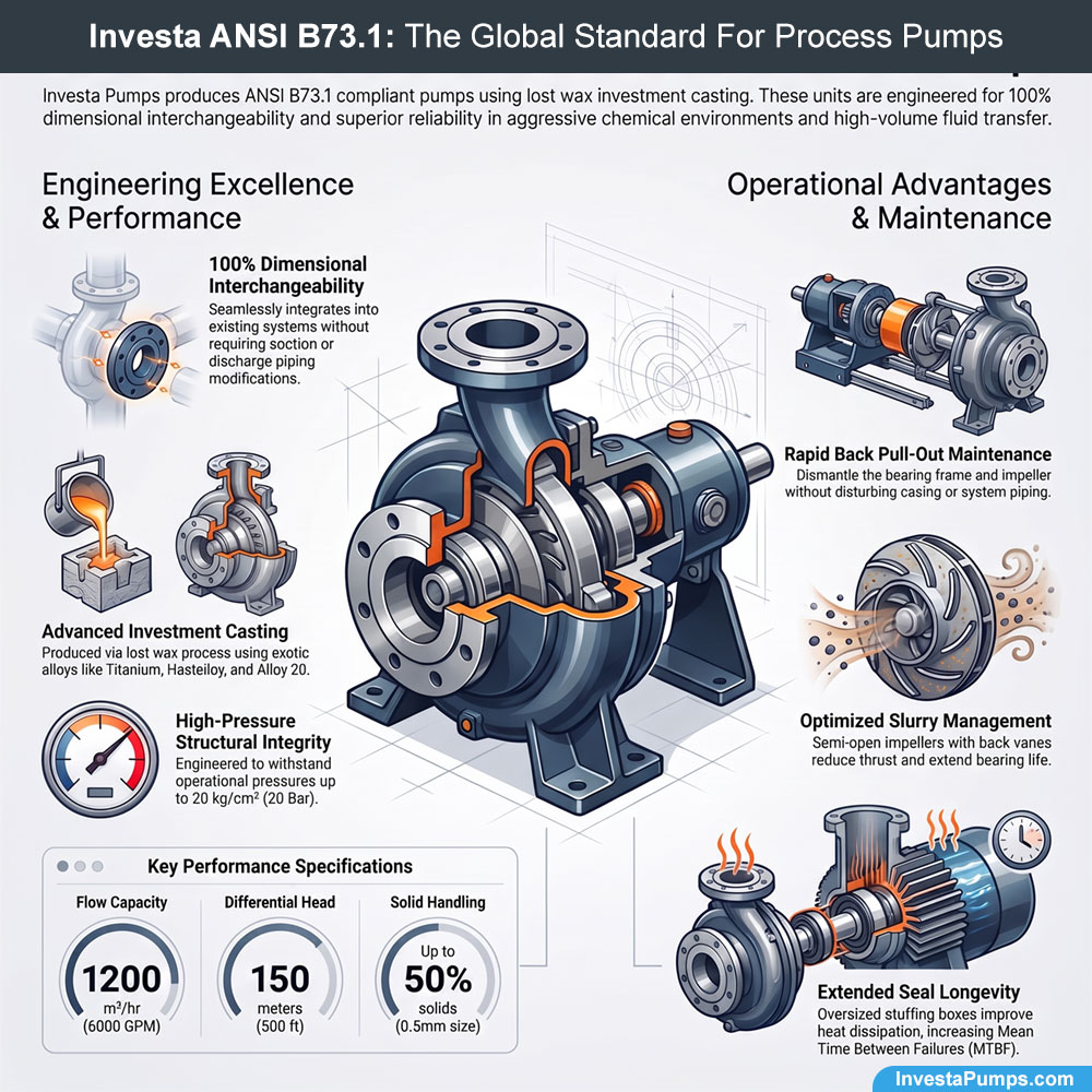 Technical infographic of Investa ANSI B73.1 centrifugal process pump detailing 100% dimensional interchangeability, advanced investment casting, 20 bar pressure rating, and back pull-out design for simplified industrial maintenance.