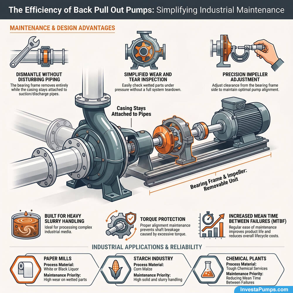 Infographic detailing the efficiency of Investa Back Pull Out pumps, highlighting maintenance advantages like dismantling without disturbing piping, precision impeller adjustment, and industrial applications in paper, starch, and chemical plants