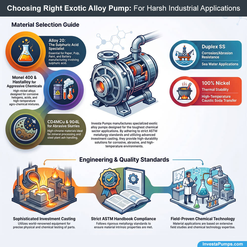 Material selection guide for Investa exotic alloy pumps featuring Alloy 20, Hastalloy, Monel 400, Duplex SS, and 100% Nickel for harsh industrial applications