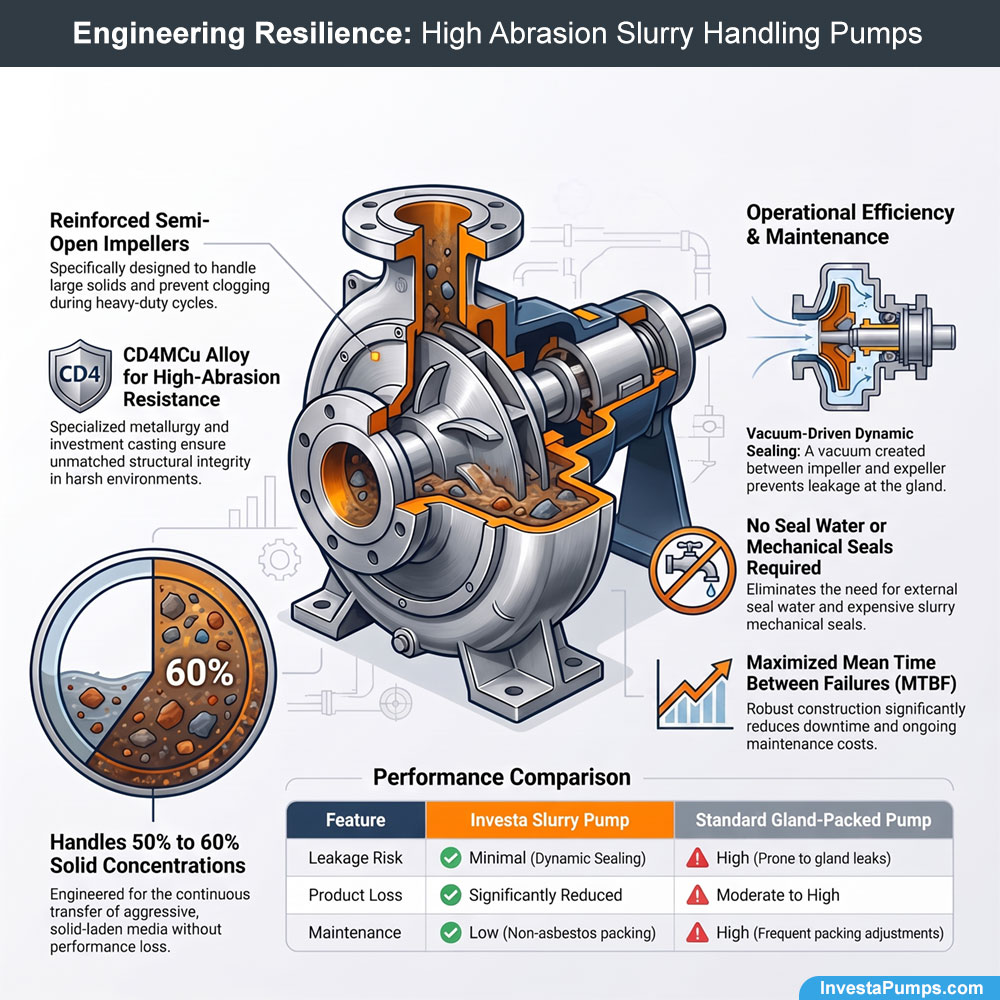 Technical infographic of Investa high-abrasion slurry handling pump detailing CD4MCu alloy and 60% solid handling