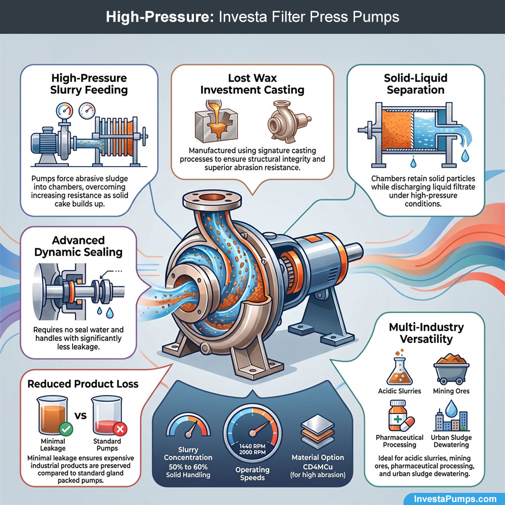 Infographic for Investa high-pressure filter press pumps showing 60% slurry handling, dynamic sealing, and solid-liquid separation features