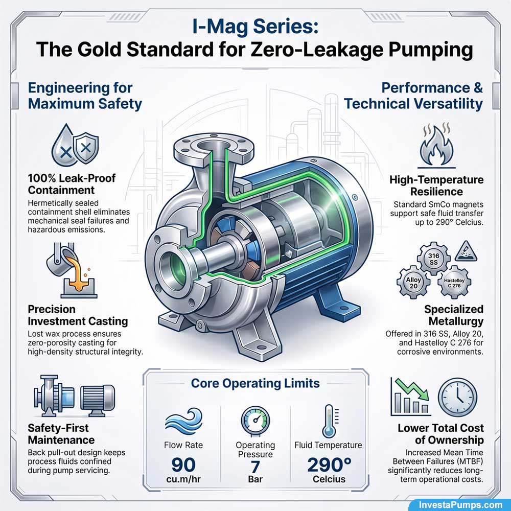 Technical infographic for Investa I-Mag Series sealless magnetic drive pumps detailing zero-leakage engineering and performance limits