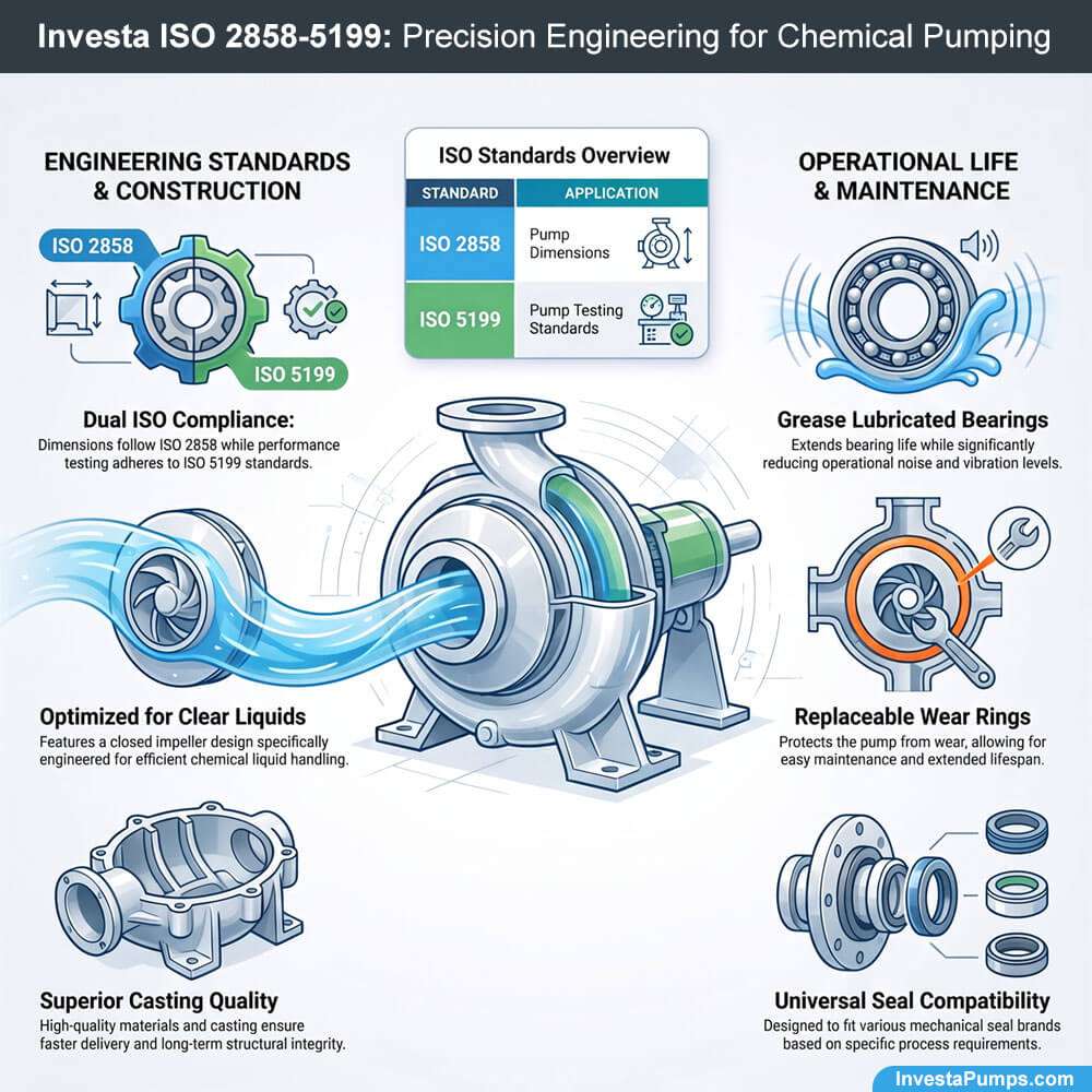 Technical infographic of Investa ISO 2858-5199 chemical pump showing dual ISO compliance and engineering features
