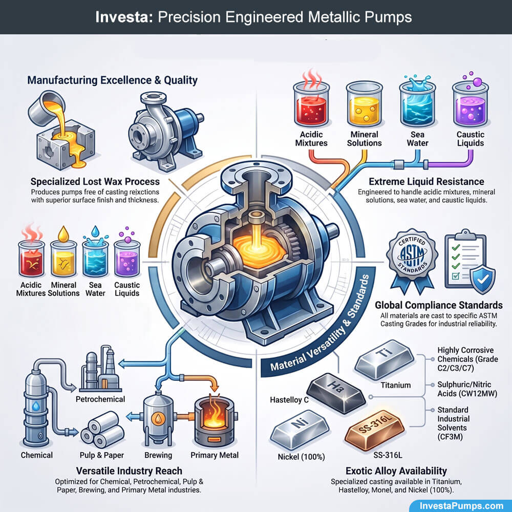 Technical infographic for Investa metallic pumps highlighting lost wax casting and exotic alloy versatility