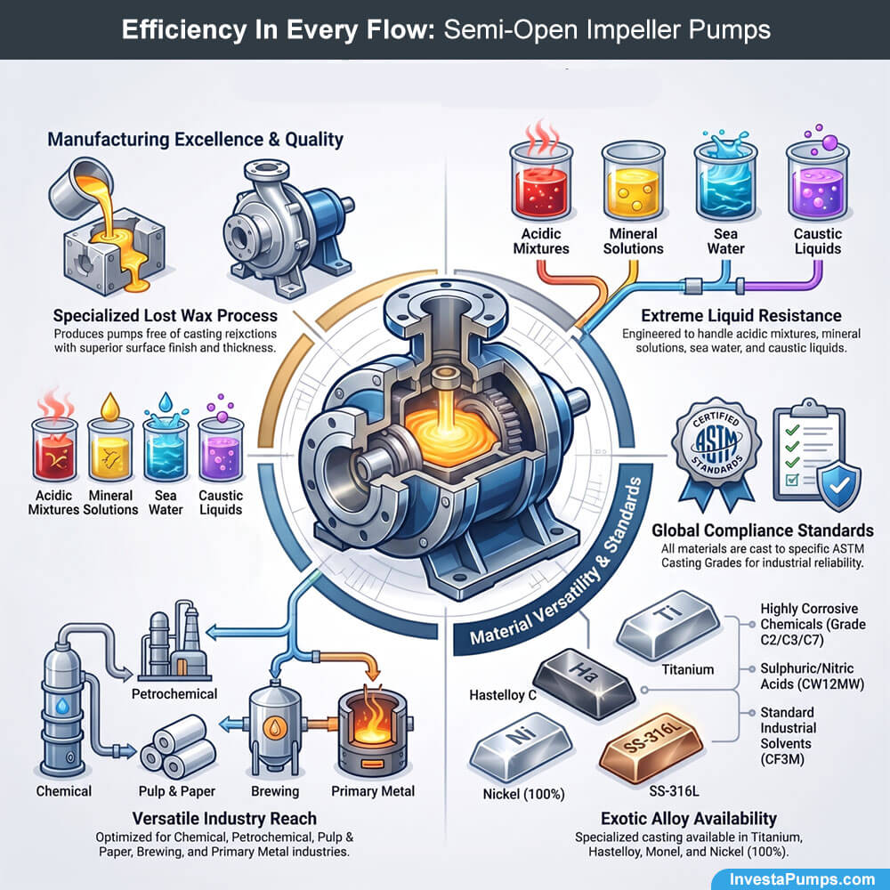 Infographic for Investa semi-open impeller pumps highlighting lost wax casting and exotic alloy versatility