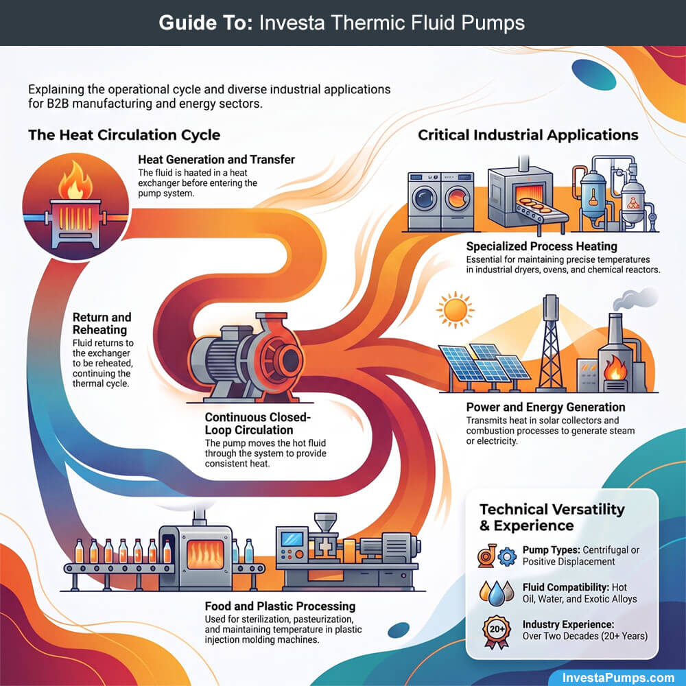 Educational guide to Investa Thermic Fluid Pumps showing the heat circulation cycle and industrial applications