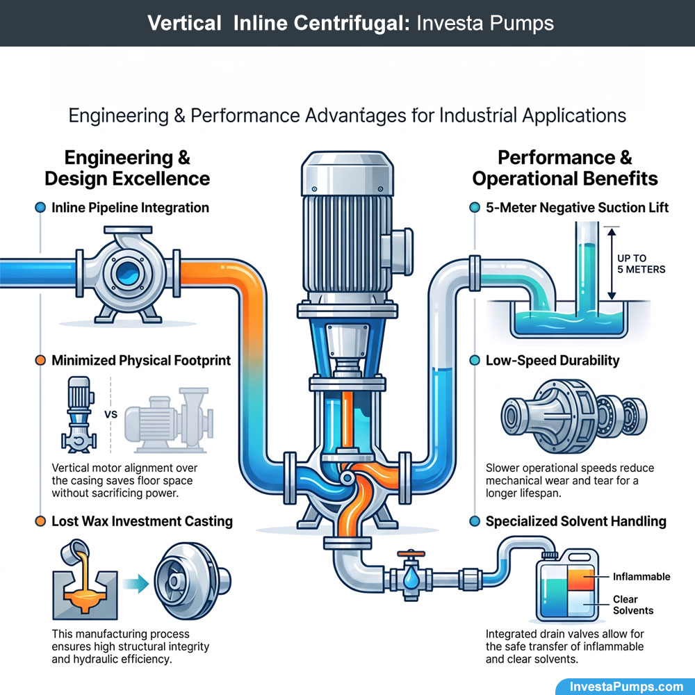 Technical infographic for Investa Vertical Inline Centrifugal Pumps detailing space-saving design and 5-meter suction lift