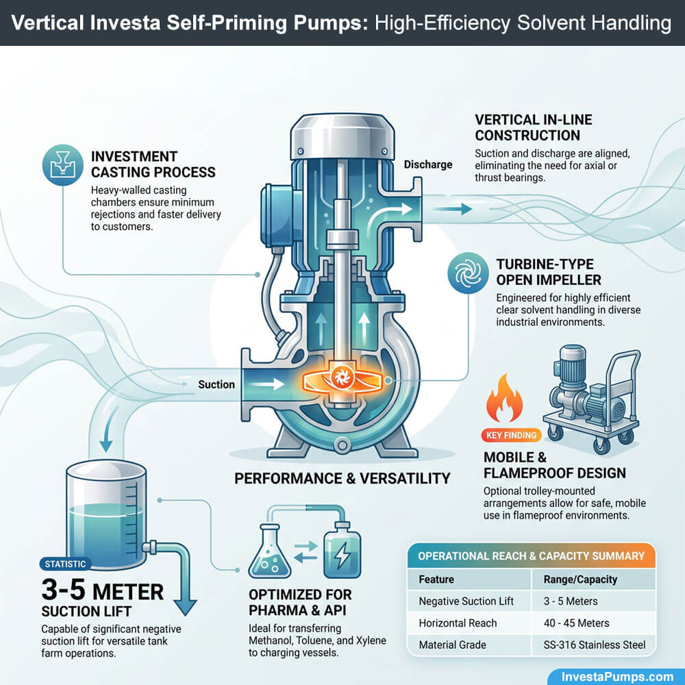 Technical infographic for Vertical Investa Self-Priming Pumps showing performance specs and pharma applications