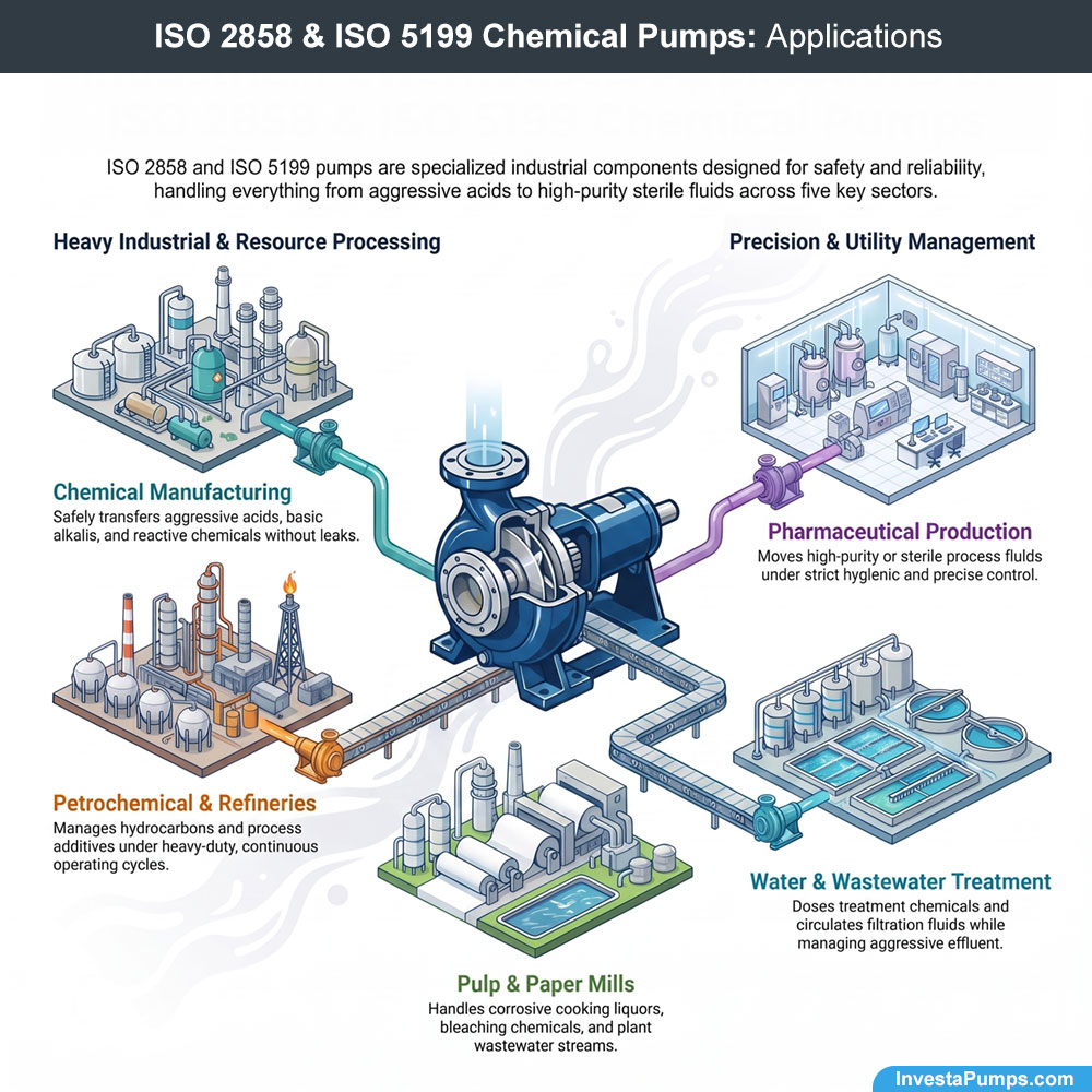 Infographic detailing ISO 2858 & ISO 5199 chemical pump applications across five industrial sectors: Pharmaceutical production, Petrochemical refineries, Chemical manufacturing, Pulp & Paper mills, and Wastewater treatment.